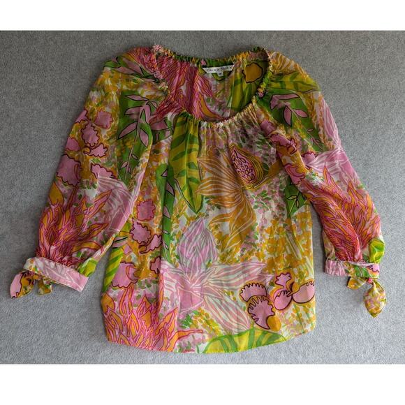 TRINA TURK Top Petite Silk Colorful Artsy Botanicals Tie Cuffs Delicate Peasant‎ - Picture 1 of 8